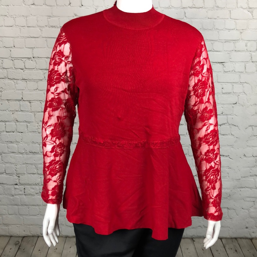 INC Red Lace Trim Peplum Sweater Plus Size 1X - Picture 2 of 7